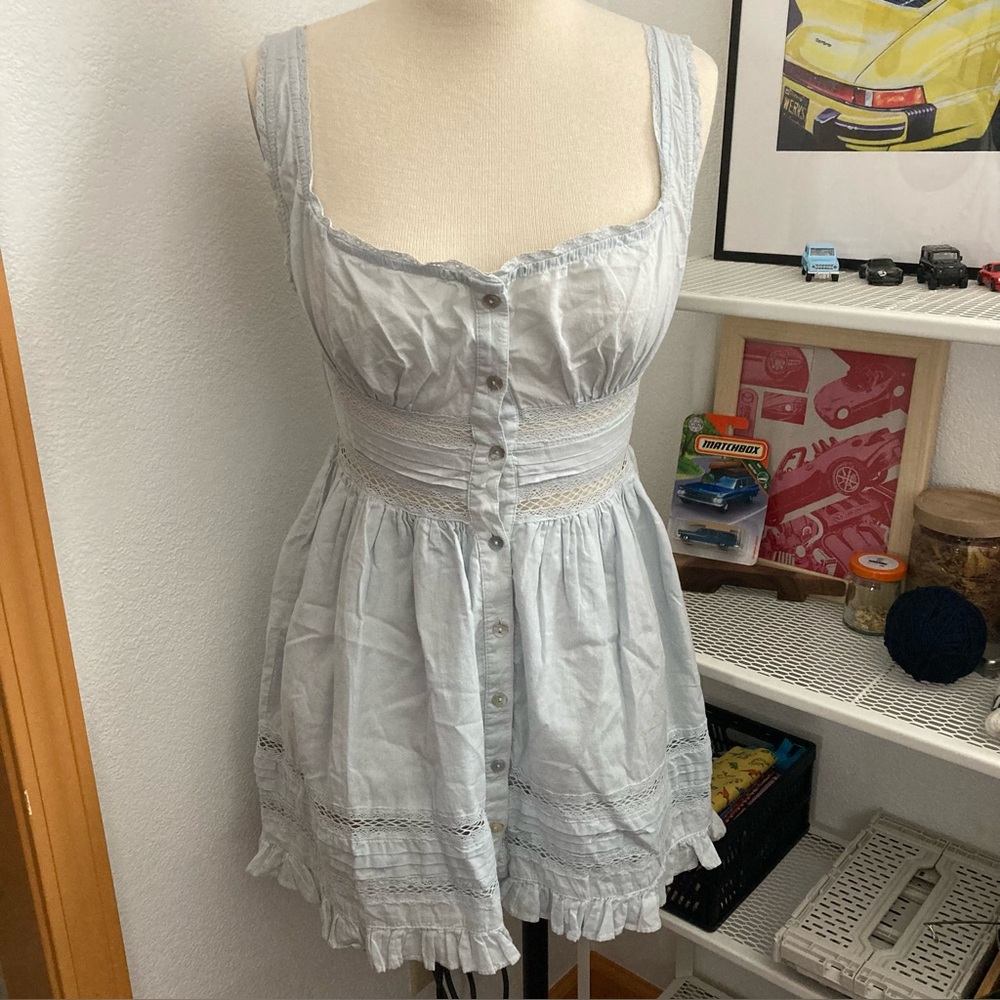 NEW Urban Outfitters Light Baby Blue Lace Trim Bustier Mini Dress Size Small
